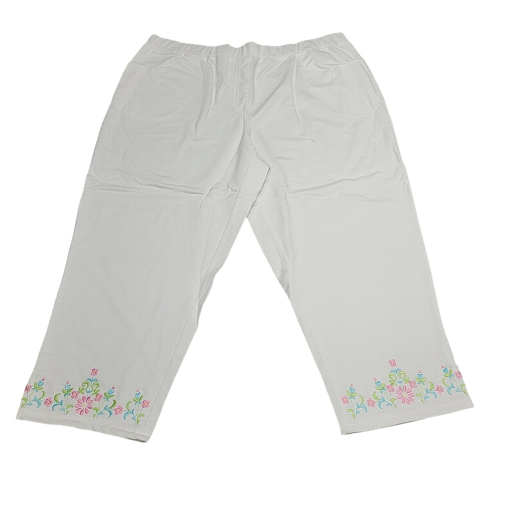 Quacker Factory Womens Floral Embroidery Capri Pants White Plus Size 1X A302767